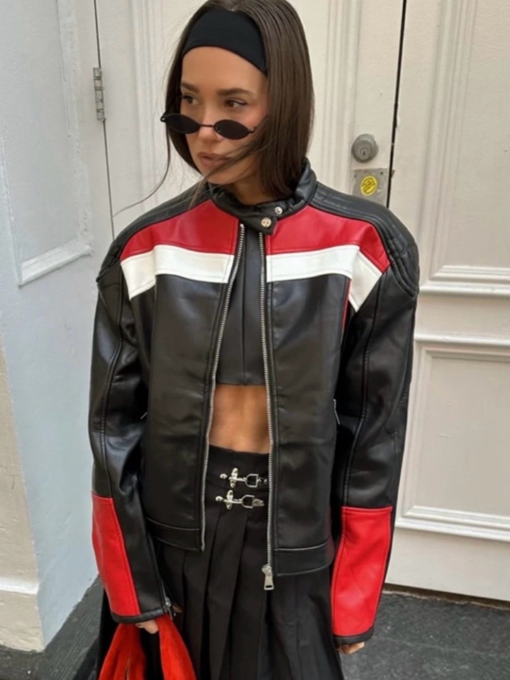 Lioness Black, Red & White Faux Leather Moto Jacket